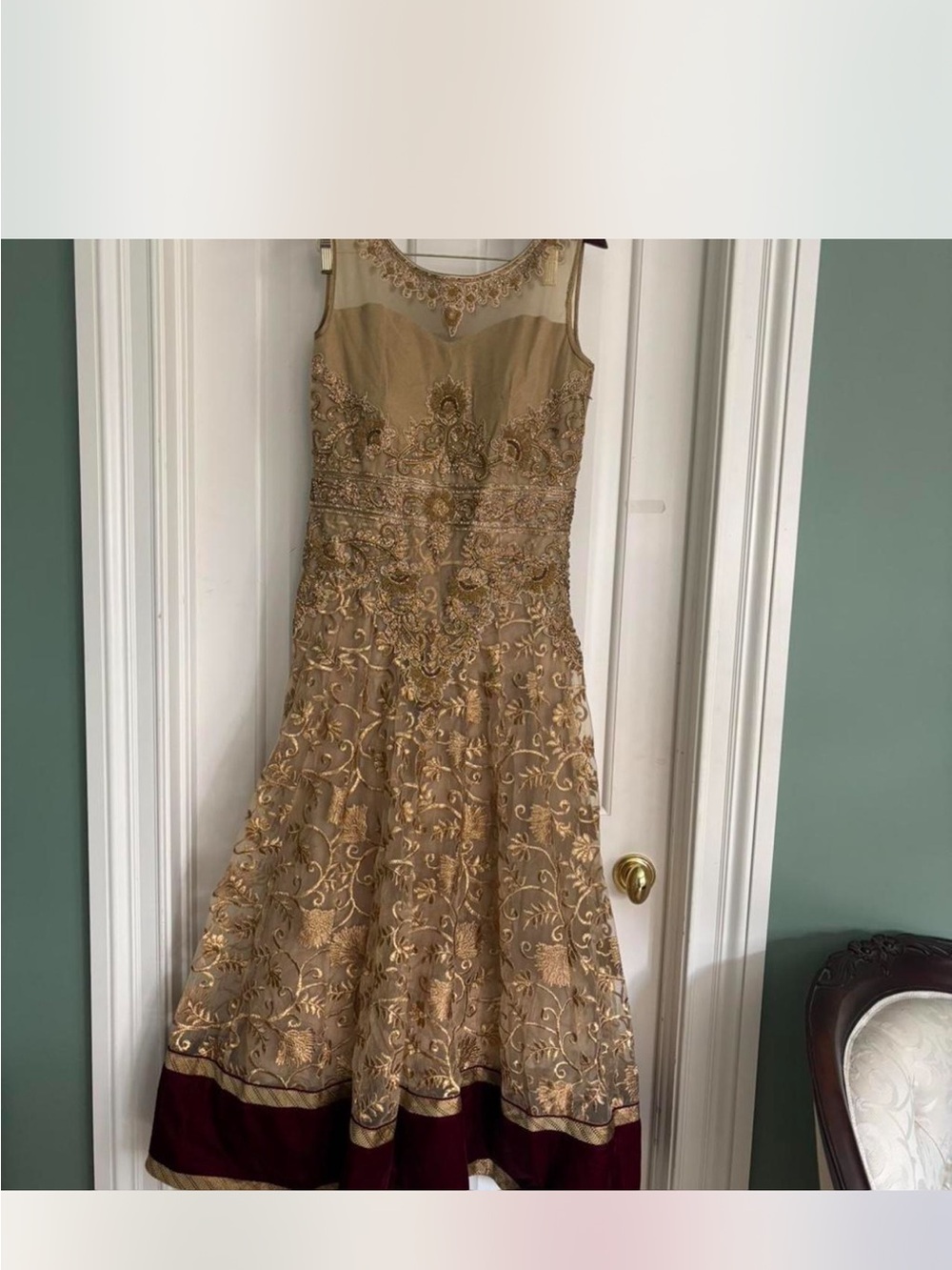 Gold Embroidered Women's Formal Dress with Burgundy Hem. Gown for wedding